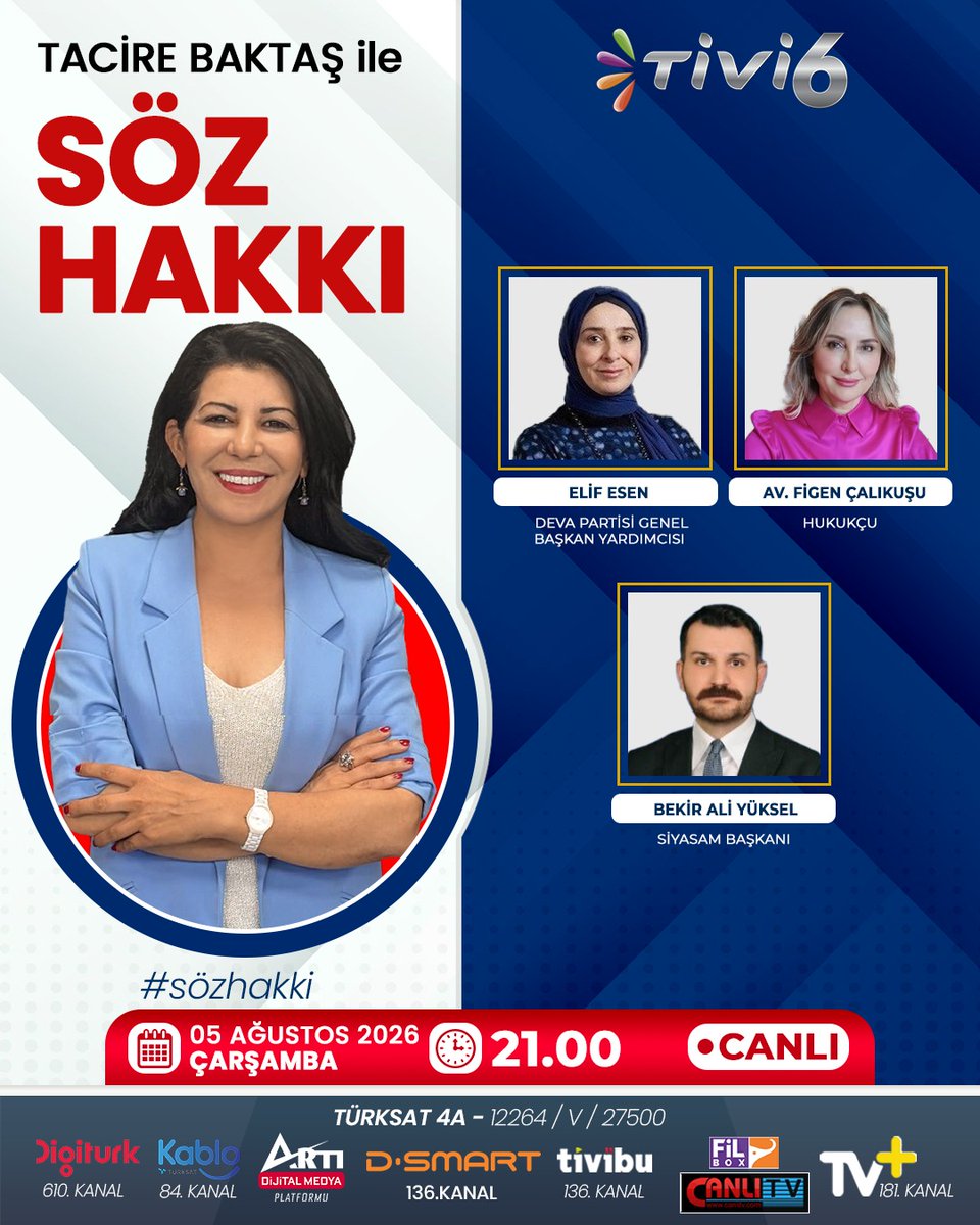 tivi6medya's tweet photo. 📌Terörsüz Türkiye Süreci Çerçeve Yasayla Nasıl Şekillenecek?
📌Yeni Parti'ye Operasyon Mu Geliyor?
📌Çerçeve Yasaya Hnagi Partiler İmza Atmadı
📌Bahçeli'den Demirtaş ve Öcalan açıklaması

Türkiye'nin ve Siyasetin Öne Çıkan Başlıkları TİVİ6'da

🔴Youtube Canlı Yayın Linki:
https://t.co/I2aSLUAsiP

➡️Elif Esen- DEVA Partisi Genel Başkan Yardımcısı
➡️AV.Figen Çalıkşu- Hukukçu
➡️DR. Bekir Ali Yüksel- Siyasam Başkanı

@tacirebaktas11 @elifesendeva @FigenCalikusu @bekiraliyuksel
@siyasamresmi @devapartisi

#TerörsüzTürkiye #ÇerçeveYasa #TBMM #Meclis #YeniParti #CHP #AKParti #MHP #DEMParti
#DevletBahçeli #ÖzgürÖzel #KemalKılıçdaroğlu #SelahattinDemirtaş #İmralı #Demokrasi #Hukuk #YasaTeklifi
#Komisyon #Milletvekili #Muhalefet #İktidar #Türkiye #SiyasiGündem
