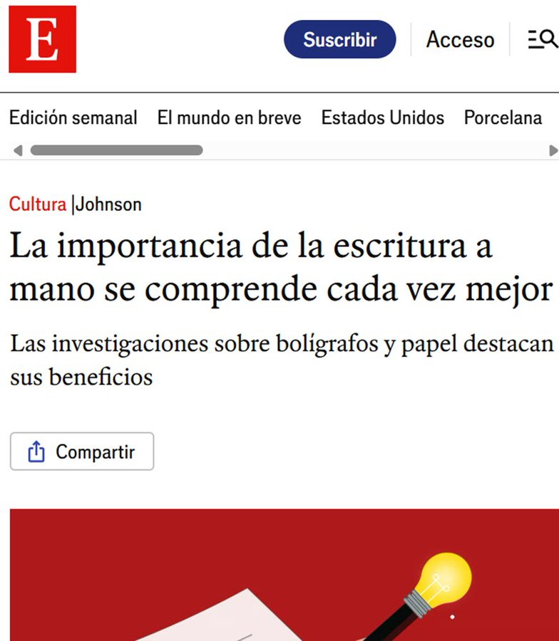 virginiog's tweet photo. El teclado nos da velocidad, pero el bolígrafo nos da profundidad

Escribir a mano no es nostalgia; es una alta tecnología para el cerebro que obliga a pensar, sintetizar y recordar

La "fricción" de la tinta potencia pensamiento crítico y  memoria sólida https://t.co/J0Rn5wi5Bo https://t.co/9wLFzjVnj8