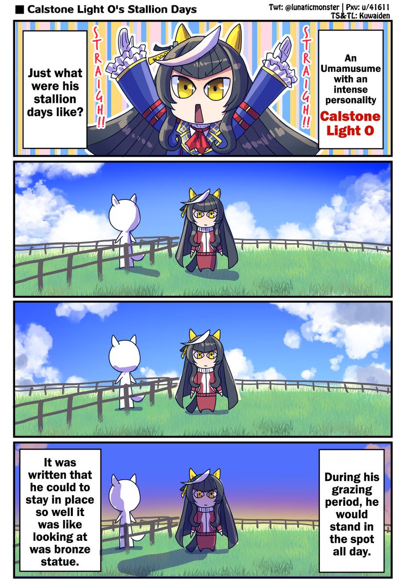 Kuwaiden's tweet photo. Post Retirement Calstone Light O Repost by @lunaticmonster 

IRL Light O and Uma Light O are just different brands of weirdo

#ウマ娘 #Umamusume 
#ウマ娘英訳 #UmaTranslations https://t.co/527Xb4Nanl