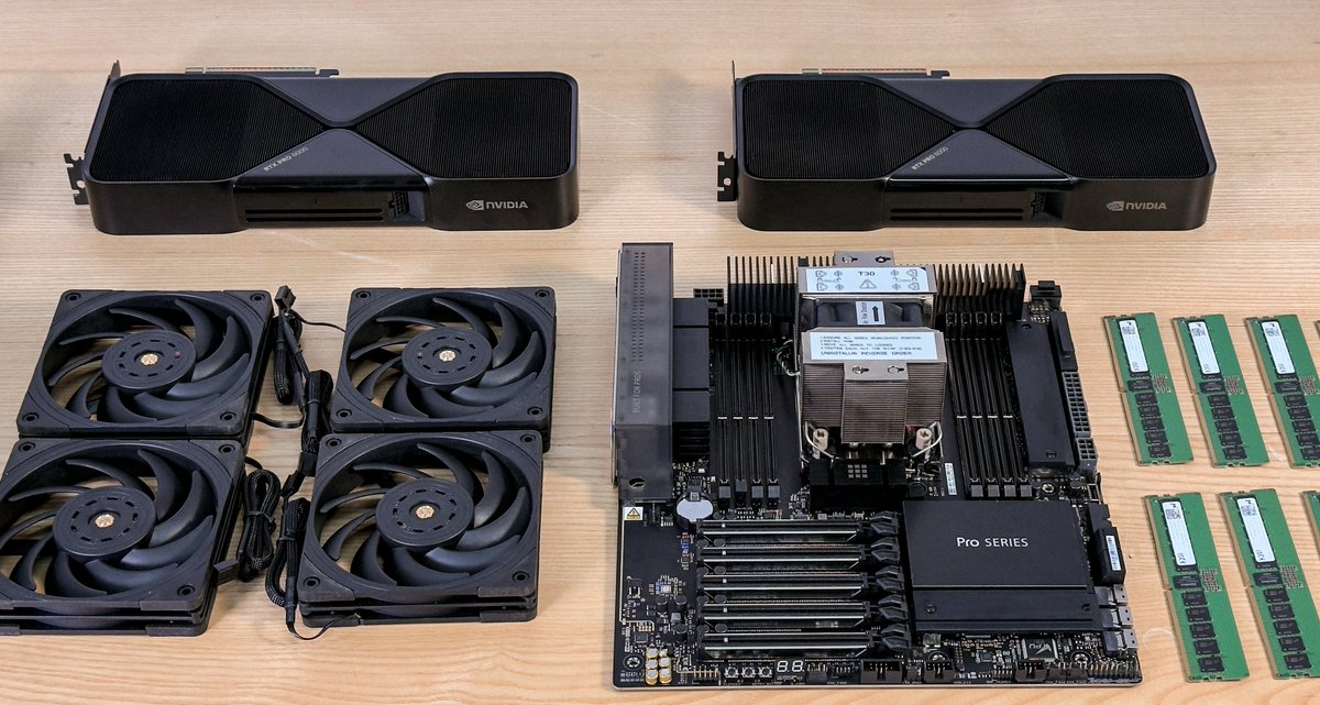 dee_hw's tweet photo. Building another 2x RTX PRO 6000 Personal AI Computer today for a customer who'd rather not assemble it themselves.

Want to build it yourself? We open source everything:

https://t.co/g31BXy7FdJ

Own your compute. Own your intelligence. https://t.co/EamTTeAqPh