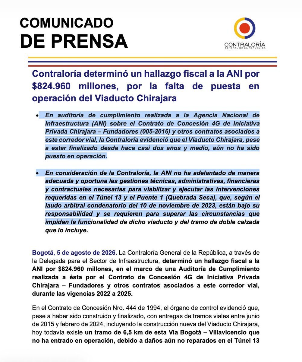 Melquisedec70's tweet photo. Atentos al dato de la Contraloría @CGR_Colombia 
El daño provocado por el gobierno Petro al no cumplir con sus obligaciones en el viaducto Chirajara, Vía al Llano, nos ha costado $824 MIL MILLONES.

A pesar de que la obra fue terminada por la concesionaria @coviandinaSAS hace casi dos años y medio, la ANI no la ha puesto en operación, pues no ha hecho "las gestiones técnicas, administrativas, financieras y contractuales necesarias para viabilizar y ejecutar las intervenciones requeridas en el Túnel 13 y el Puente 1 (Quebrada Seca), que, según el laudo arbitral condenatorio del 10 de noviembre de 2023, están bajo su responsabilidad".

Al no estar en operación, no cumple "la finalidad para la cual fue construido haciendo uso de cuantiosos recursos públicos, limitando con ello su integración funcional a la doble calzada del corredor vial Bogotá – Villavicencio y afectando la prestación continua, eficiente y segura del servicio público de transporte".