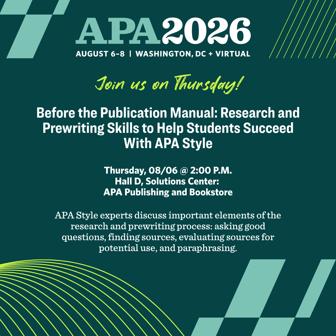 APA_Style's tweet photo. #APA2026: Please join us for two #APAStyle presentations this week!
Thursday: August 6th, 2:00 p.m.
Research and Prewriting Skills to Help students Succeed With APA Style
https://t.co/xZ2pjJuECv
Saturday: August 8th, 10:30 a.m.
What’s New in APA Style?
https://t.co/qP3Aeuyu0q https://t.co/KaNaYOveoG