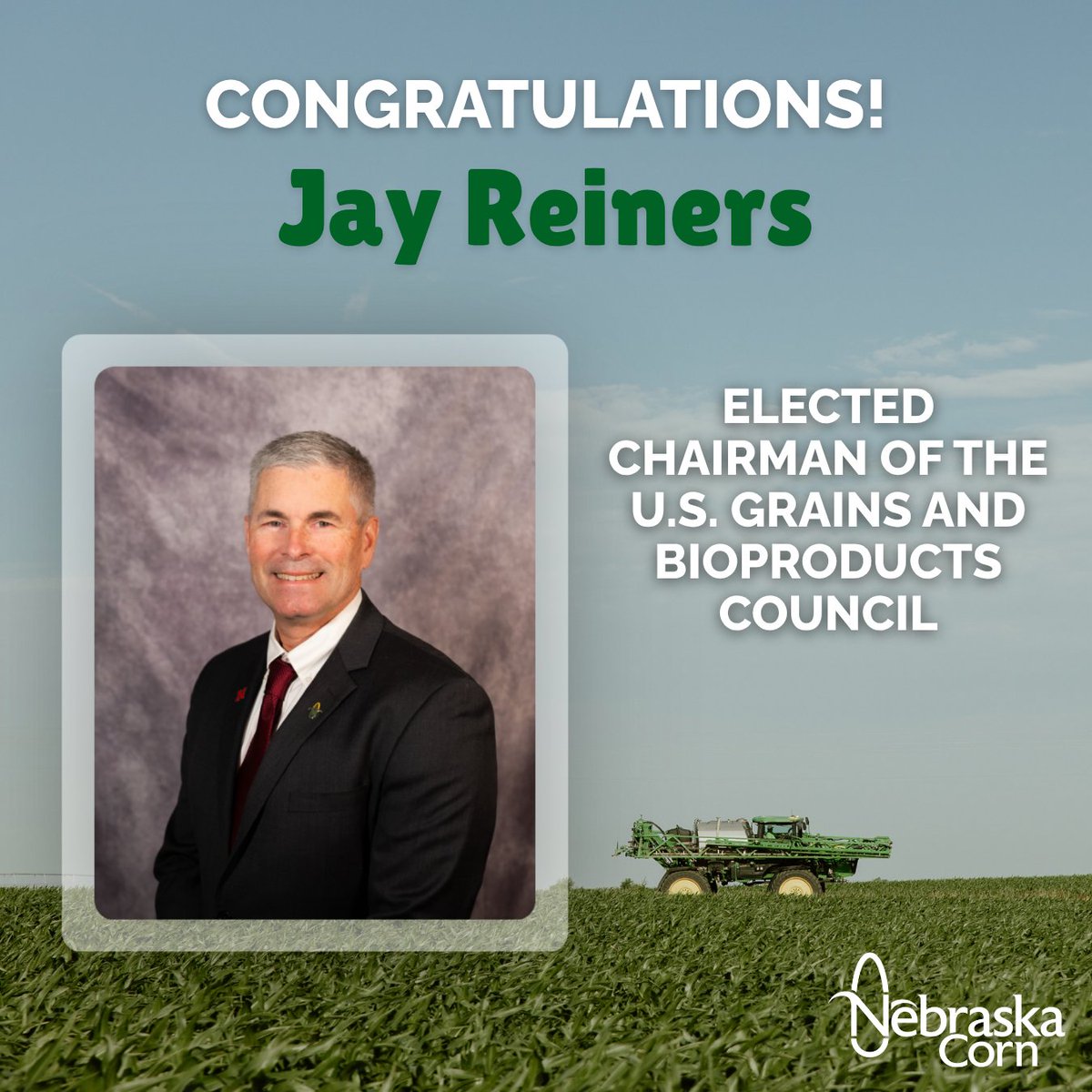 NECornBoard's tweet photo. Congratulations to Jay Reiners, previous NCB chairman for being elected as chairman of the U.S. Grains &amp; BioProducts Council! Jay's election  is a reflection of the leadership and dedication he brings to international trade and markets.
Read more here, https://t.co/csLyUH8Nhr https://t.co/KkRPmkA8hm