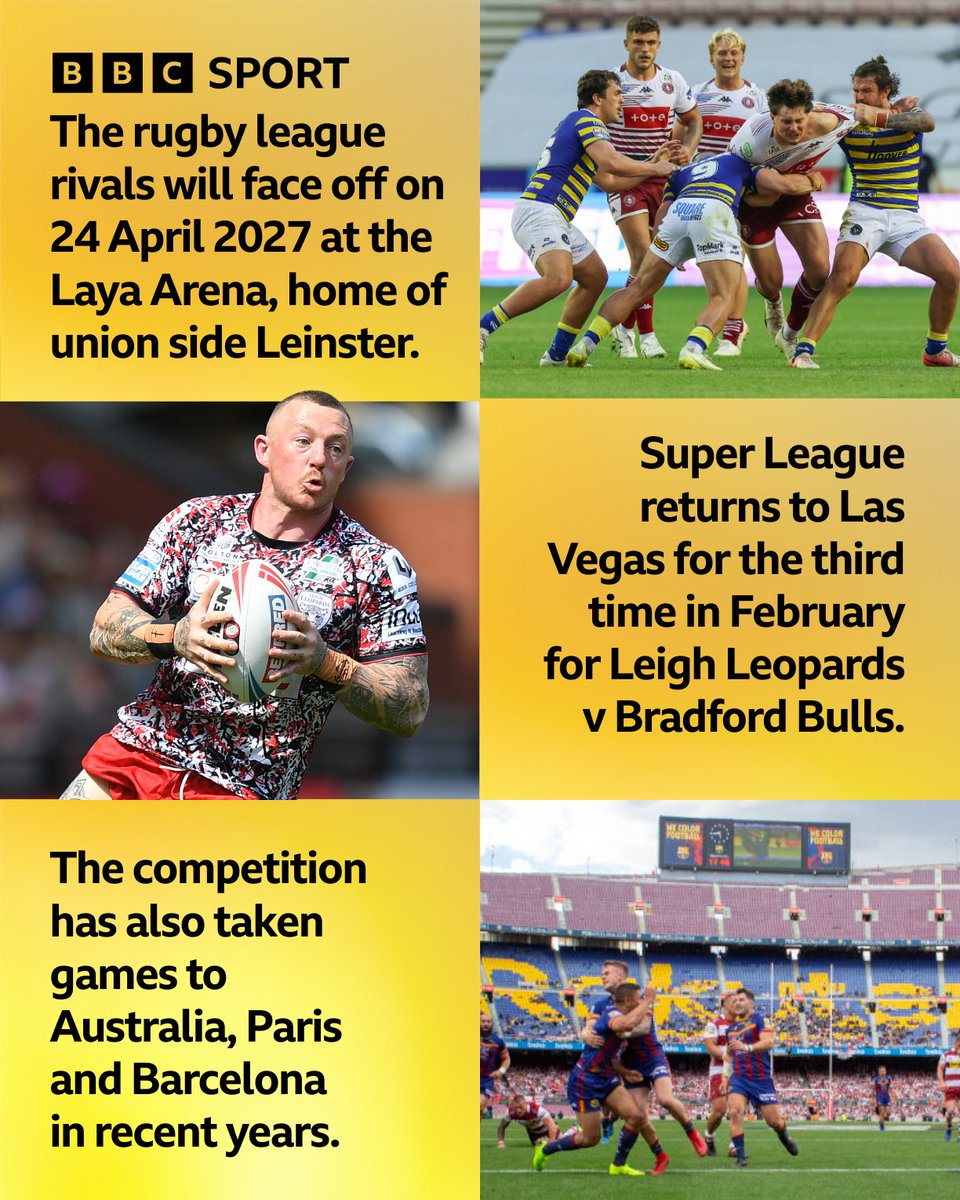 BBCSport's tweet photo. Set to make history! 

Warrington Wolves and Wigan Warriors are to meet in Dublin in 2027 in the first Super League fixture to be played in Ireland! https://t.co/dMW1VcfnTn