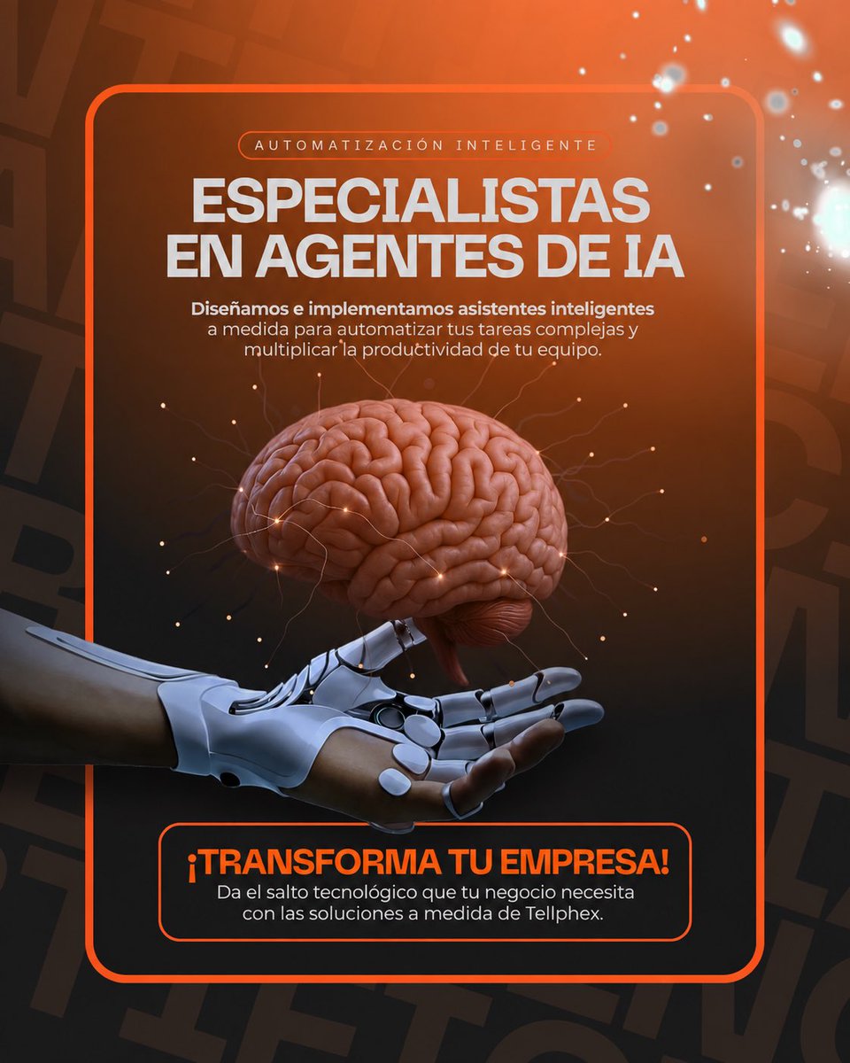 Tellphex's tweet photo. 🤖 Automatiza, optimiza y escala con agentes de IA diseñados para tu empresa. En Tellphex transformamos procesos complejos en soluciones inteligentes. 🚀 https://t.co/ZM6OaJxNHf