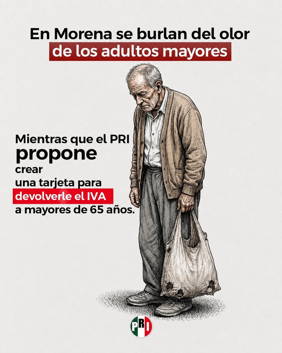 PRI_Nacional's tweet photo. En Morena se burlaron de nuestros adultos mayores diciendo que “huelen a baúl”.
Nosotros los vemos con respeto, gratitud y dignidad. Por eso, el PRI propone devolverles el IVA a las personas mayores de 65 años. https://t.co/JUgBnf12NQ