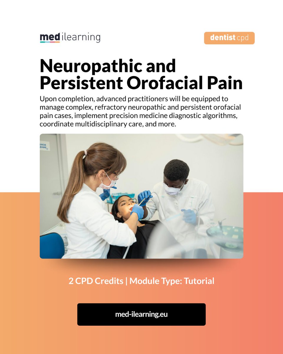 Medilearningint's tweet photo. Upon completion, advanced practitioners will be equipped to manage complex, refractory neuropathic and persistent orofacial pain cases, implement precision medicine diagnostic algorithms, coordinate multidisciplinary care, and more

Start learning today
https://t.co/AMd1QQ1f9m https://t.co/jBfpqTCh7l