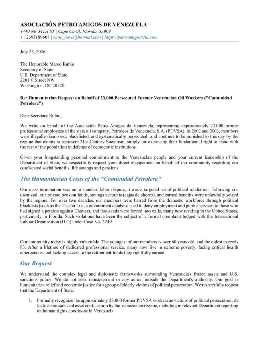 montilvajj's tweet photo. Dear Secretary @SecRubio @marcorubio My name is "Javier Montilva", one of the ~23,000 former PDVSA victims described on the letter from @petroamigosvzla @realDonaldTrump
@POTUS @USTreasury @SenateForeign @RepMariaSalazar @SenTimKaine @SenRickScott @SecKennedy @RepCarlos @MarioDB https://t.co/xM06vUNqHz