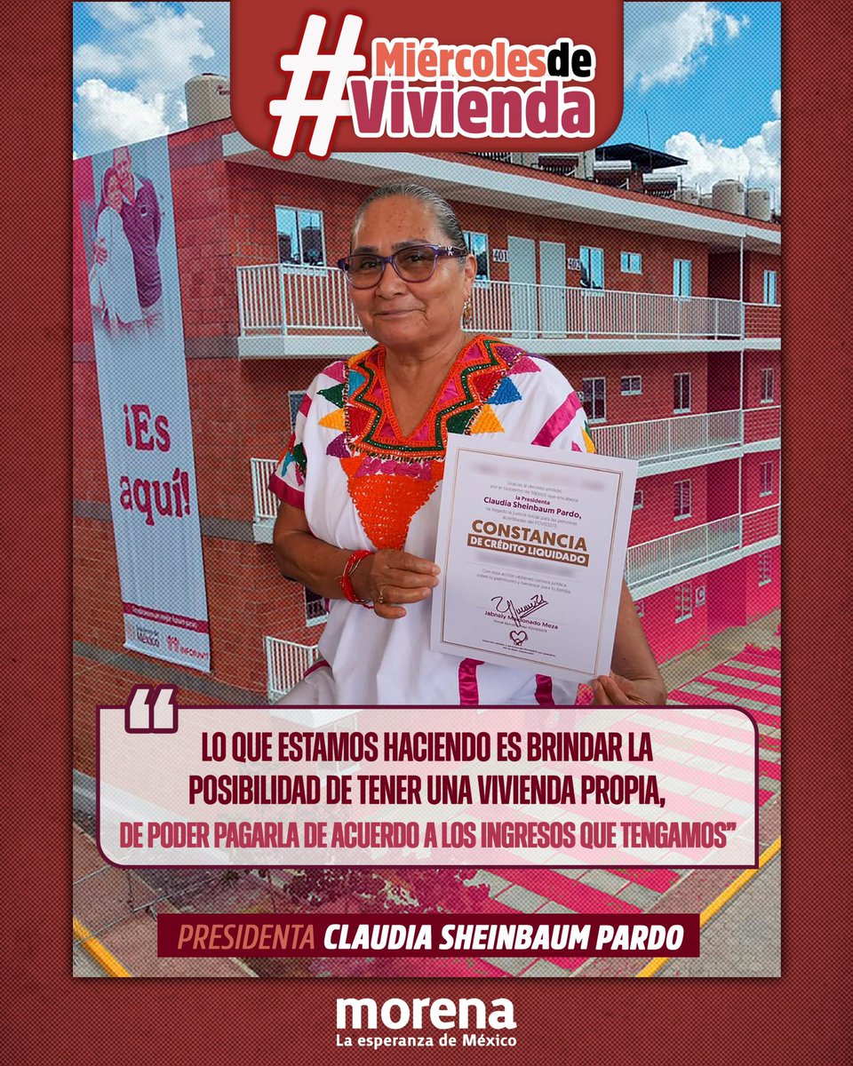 Raquelirenecm's tweet photo. Tener una vivienda digna es un derecho, no un privilegio. Con el programa Vivienda para el Bienestar se fortalece una política pública pensada para quienes más lo necesitan.
#MiércolesDeVivienda https://t.co/VoquRIxkqe