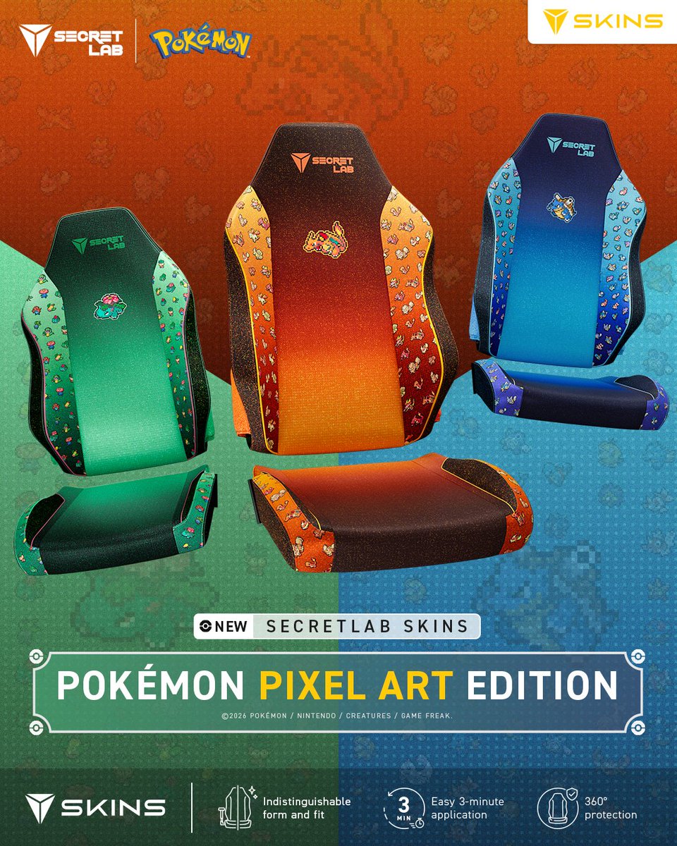 secretlabchairs's tweet photo. 🌱🔥💧Bring the iconic Kanto region Pokémon to your Secretlab TITAN Evo with the all-new Secretlab SKINS Pokémon Pixel Art Collection. Collect the full set and evolve a new look: https://t.co/K0RP5Jcm4p

@Pokemon #Pokemon https://t.co/Ayp1btmS9S