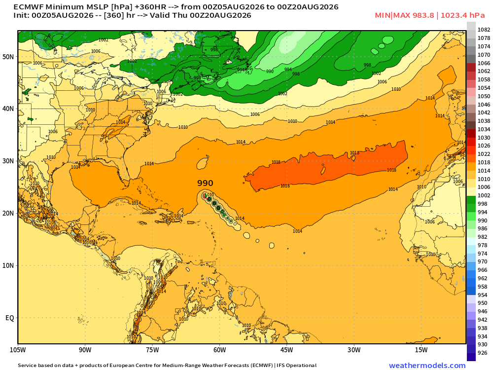 RyanWeather's tweet photo. Hurricane season isn't cancelled after all.  Flagship European weather model predicting a tropical wave forming into TS/hurricane down the road in 10-12 days.  Favorable sub-seasonal (MJO) environment conditions can outweigh huge negative influence of El Niño.  Nothing imminent. https://t.co/hp2YvszyAq