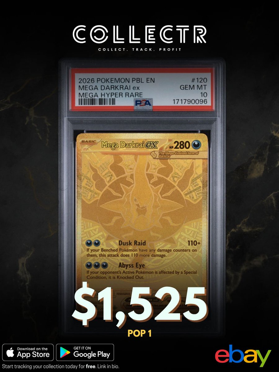 getcollectrapp's tweet photo. The first public PSA 10 sale of the Mega Darkrai ex Hyper Rare from the latest English set, Pitch Black, just happened on eBay.
The card sold for $1,525, and at the time of the sale it was a POP 1, with only 6 total copies graded by PSA so far.
#collectr #pokemon #darkrai #psa10 #pitchblack