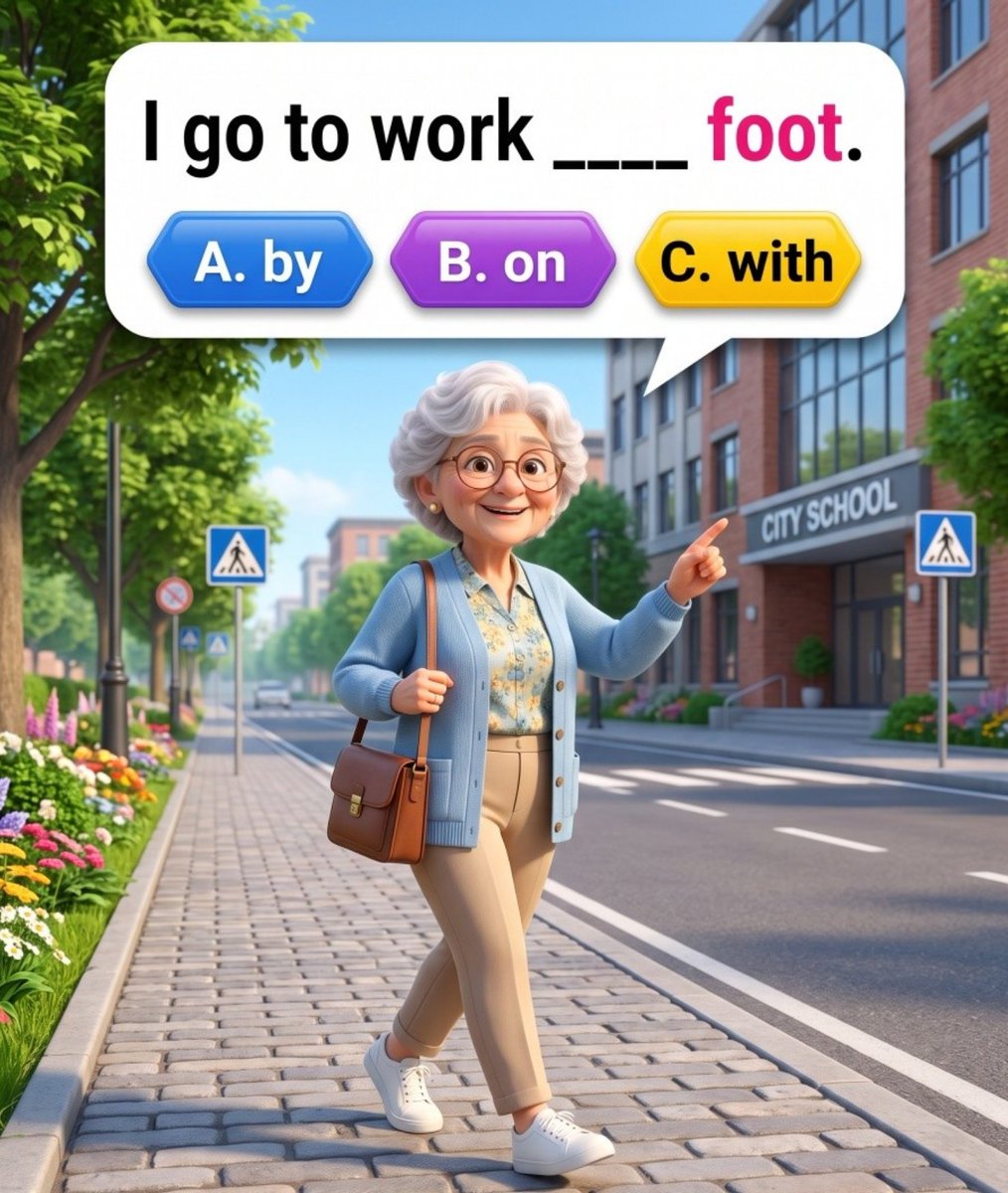 EnglishPathwayz's tweet photo. 🚶 Daily English Quiz: Can You Complete This Sentence Correctly?

Test your everyday English with this quick challenge! 👇
I go to work _____ foot.
🟦 A. by
🟪 B. on
🟨 C. with https://t.co/QtZtn5yiPz
