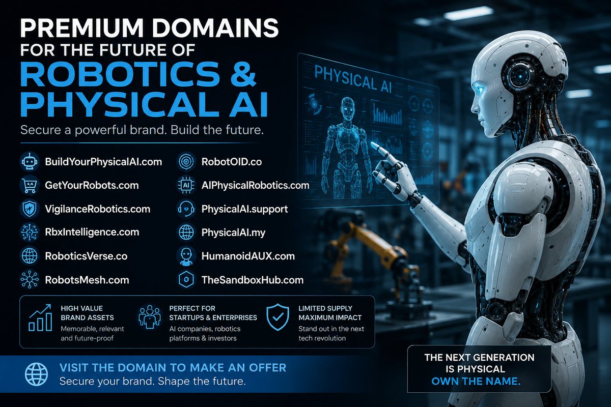 BenaliBadr2's tweet photo. 🚀 Premium Robotics & Physical AI Domains Available
The future of AI isn't just software—it's Physical AI, robotics, autonomous systems, and humanoid technology.

I'm offering a curated portfolio of premium domain names for founders, startups, investors, and established technology companies looking to build a memorable brand.

Available domains:

🤖 https://t.co/V9G14zm7vp
🤖 https://t.co/4pqBrOm673
🤖 https://t.co/8flKVV1yTP
🤖 https://t.co/VbP14faz6F
🤖 https://t.co/wisBg3zodp
🤖 https://t.co/Ud4dvcgEVE
🤖 https://t.co/IwFsKAa5ve
🤖 https://t.co/oq0qi0qw2w
🤖 https://t.co/5etwNKPOJI
🤖 https://t.co/MaGDY9BwvV
🤖 https://t.co/sbhaJ3iLci
🤖 https://t.co/uNW3deGPVN

If one of these domains fits your vision, visit the domain directly to submit an offer through the marketplace, or contact me for a private acquisition discussion.
The next generation of robotics deserves memorable brands.

#PhysicalAI #Robotics #Humanoid #EmbodiedAI #ArtificialIntelligence #Automation #DeepTech #AIStartups #RoboticsStartup #DomainNames #Branding #TechDomains #Innovation