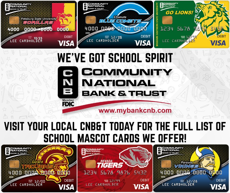 ComNatBankTrust's tweet photo. What better way to support your local school than swiping your Mascot Debit Card from CNB&amp;T. With each Mascot debit card issued, $3.00 is donated back to the School! https://t.co/HK8ixfuPlS