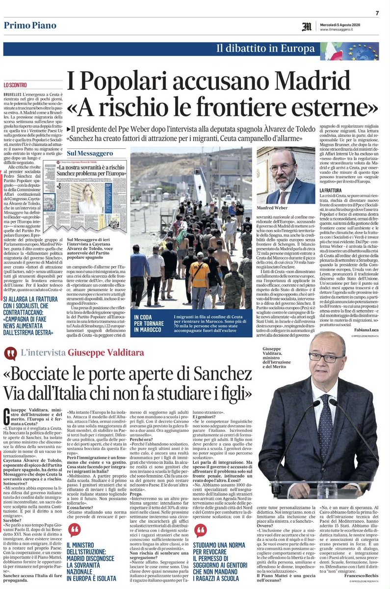 cayetanaAT's tweet photo. Sánchez, un riesgo para Europa.

 En @ilmessaggeroit

El presidente del @EPPGroup, @ManfredWeber

El ministro de Educación de Italia, @G_Validara https://t.co/DhztY1w7iu