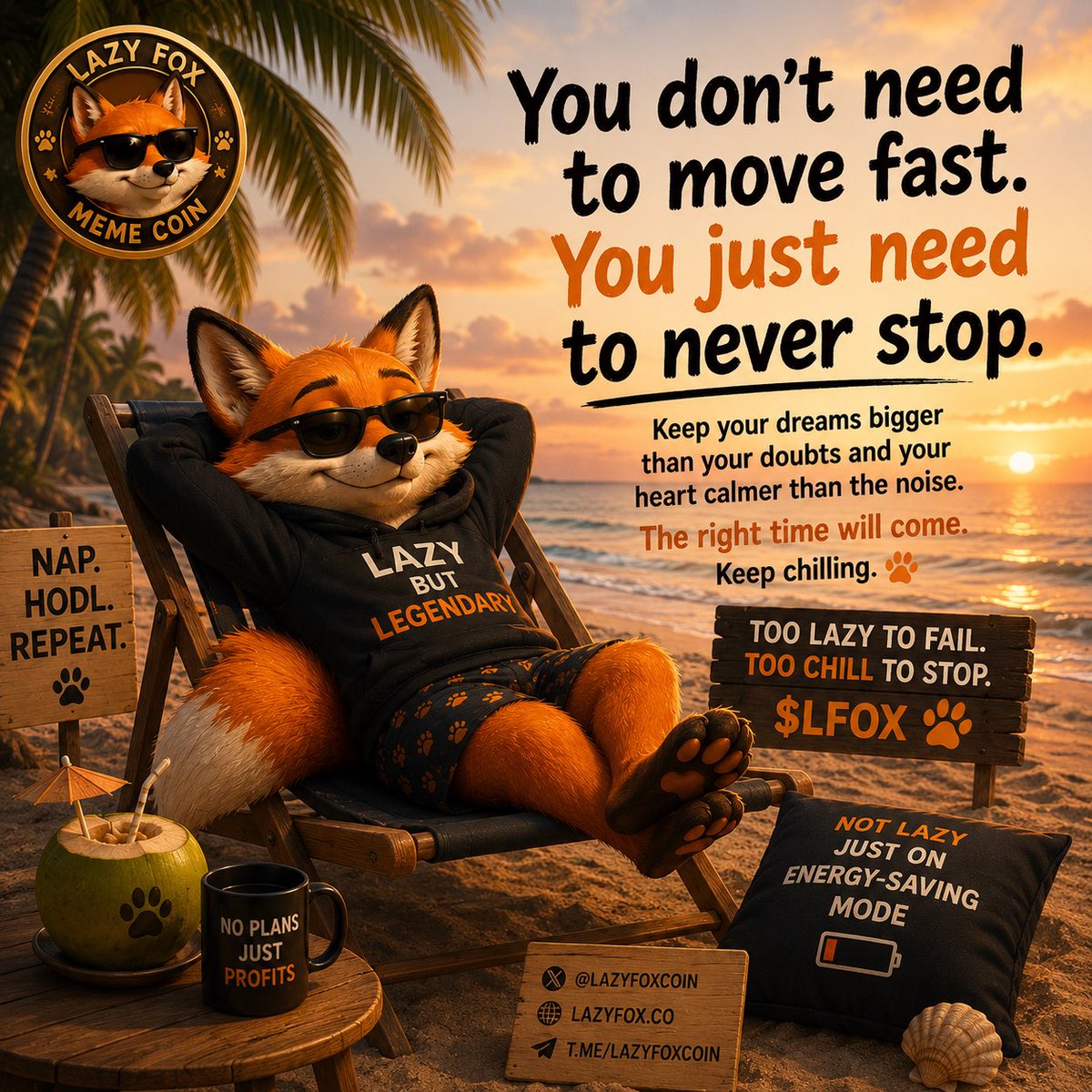 LazyFoxOfficial's tweet photo. 🏖️🦊 The strongest holders aren’t the loudest…

They’re the ones who stay calm while everyone else panics.

Success isn’t about moving fast.
It’s about never giving up.

So relax.
Trust the process.
HODL with diamond paws. 💎🐾

Nap. HODL. Repeat.

Too Lazy To Fail.
Too Chill To Stop.

🚀 $LFOX

#LazyFox #LFOX #Memecoin #Crypto #HODL #DiamondHands #Solana #ToTheMoon