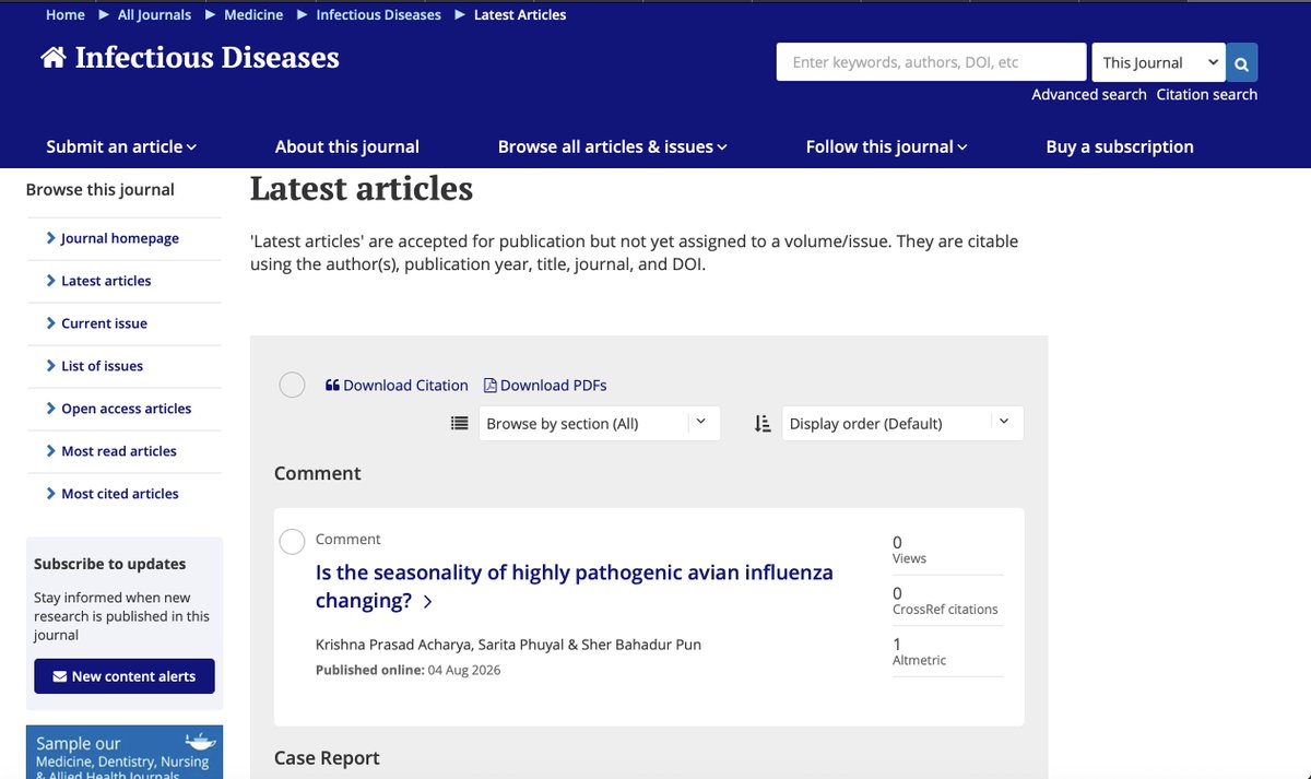 drsherbdr3's tweet photo. https://t.co/H36H2Pa0iA
I'm delighted to share that our new article has been published online today (5th Aug, 2026) in the Infectious Diseases Journal.
#Nepal #Kathmandu #Infection #NTDs #Infection #OneHealth #Birdflu #H5N1 #Outbreak #vaccine #Microbe #Publichealth #globalhealth https://t.co/CZIsiEqV8D
