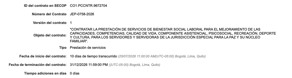 juanmartinbc's tweet photo. 🚨 DENUNCIA PÚBLICA 🚨

LA JEP ADJUDICÓ CASI $1.200 MILLONES PARA CONSENTIR A SU BUROCRACIA.

El proceso JEP-CSPO-0752-2026, denominado Plan de Bienestar 2026, fue adjudicado el 25 de julio y tendrá ejecución hasta el 31 de diciembre de 2026. Fue celebrado bajo el régimen especial de contratación, con un valor estimado de $1.199.969.164.

¿Para reparar a las víctimas? No. Para mejorar la “calidad de vida” de los servidores de la JEP y de sus familias.

El plan contempla:

- $331 millones para un encuentro institucional.
- $290 millones para vacaciones recreativas.
- $216 millones para boletas de cine y combos de comida.
- $101 millones para torneos deportivos.
- $111 millones para caminatas ecológicas.
- $50 millones para talleres de cocina.
- $41 millones para atletismo.
- $16 millones para manualidades.

También incluye fútbol, bolos, natación, billar, minitejo, karts, premiaciones, transporte, alimentación y actividades recreativas para los hijos de los funcionarios.

Mientras miles de víctimas continúan esperando verdad, justicia y reparación, la JEP sí encontró casi $1.200 millones para financiar paseos, cine, comida, vacaciones y entretenimiento para su burocracia y sus familias.

A la JEP nunca le ha interesado realmente la reparación de las víctimas.