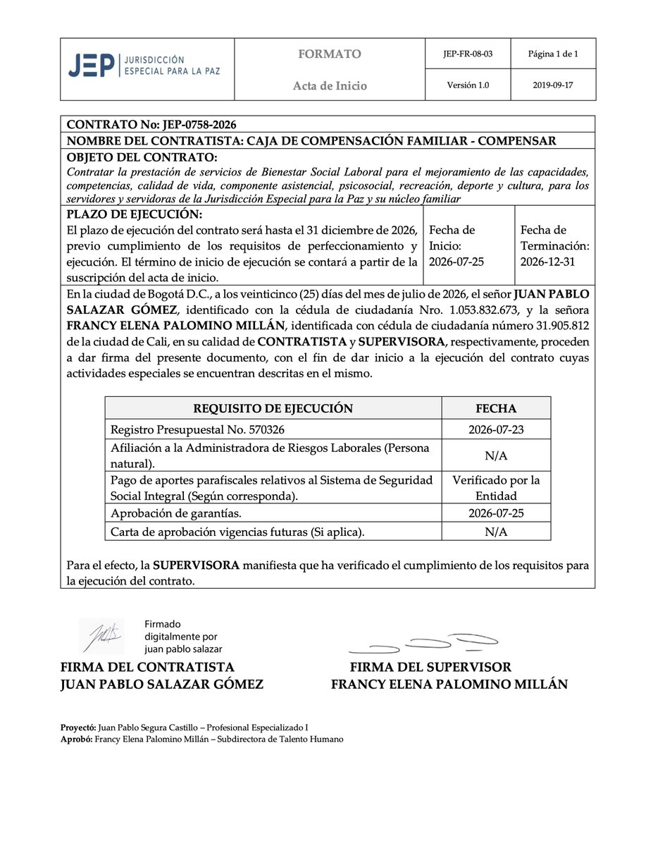 juanmartinbc's tweet photo. 🚨 DENUNCIA PÚBLICA 🚨

LA JEP ADJUDICÓ CASI $1.200 MILLONES PARA CONSENTIR A SU BUROCRACIA.

El proceso JEP-CSPO-0752-2026, denominado Plan de Bienestar 2026, fue adjudicado el 25 de julio y tendrá ejecución hasta el 31 de diciembre de 2026. Fue celebrado bajo el régimen especial de contratación, con un valor estimado de $1.199.969.164.

¿Para reparar a las víctimas? No. Para mejorar la “calidad de vida” de los servidores de la JEP y de sus familias.

El plan contempla:

- $331 millones para un encuentro institucional.
- $290 millones para vacaciones recreativas.
- $216 millones para boletas de cine y combos de comida.
- $101 millones para torneos deportivos.
- $111 millones para caminatas ecológicas.
- $50 millones para talleres de cocina.
- $41 millones para atletismo.
- $16 millones para manualidades.

También incluye fútbol, bolos, natación, billar, minitejo, karts, premiaciones, transporte, alimentación y actividades recreativas para los hijos de los funcionarios.

Mientras miles de víctimas continúan esperando verdad, justicia y reparación, la JEP sí encontró casi $1.200 millones para financiar paseos, cine, comida, vacaciones y entretenimiento para su burocracia y sus familias.

A la JEP nunca le ha interesado realmente la reparación de las víctimas.