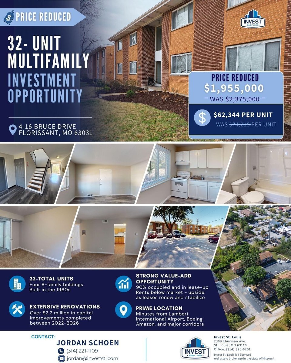 InvestSTLouisRE's tweet photo. 📉 Major Price Reduction!

Now offered at $1,955,000 — an outstanding opportunity to acquire a 32-unit multifamily portfolio with significant upside.

Property Highlights:
✔ Four 8-unit buildings
✔ Over $2.2M in capital improvements
✔ Approximately 90% occupied
✔ Below-market https://t.co/2nUPLfKhR4