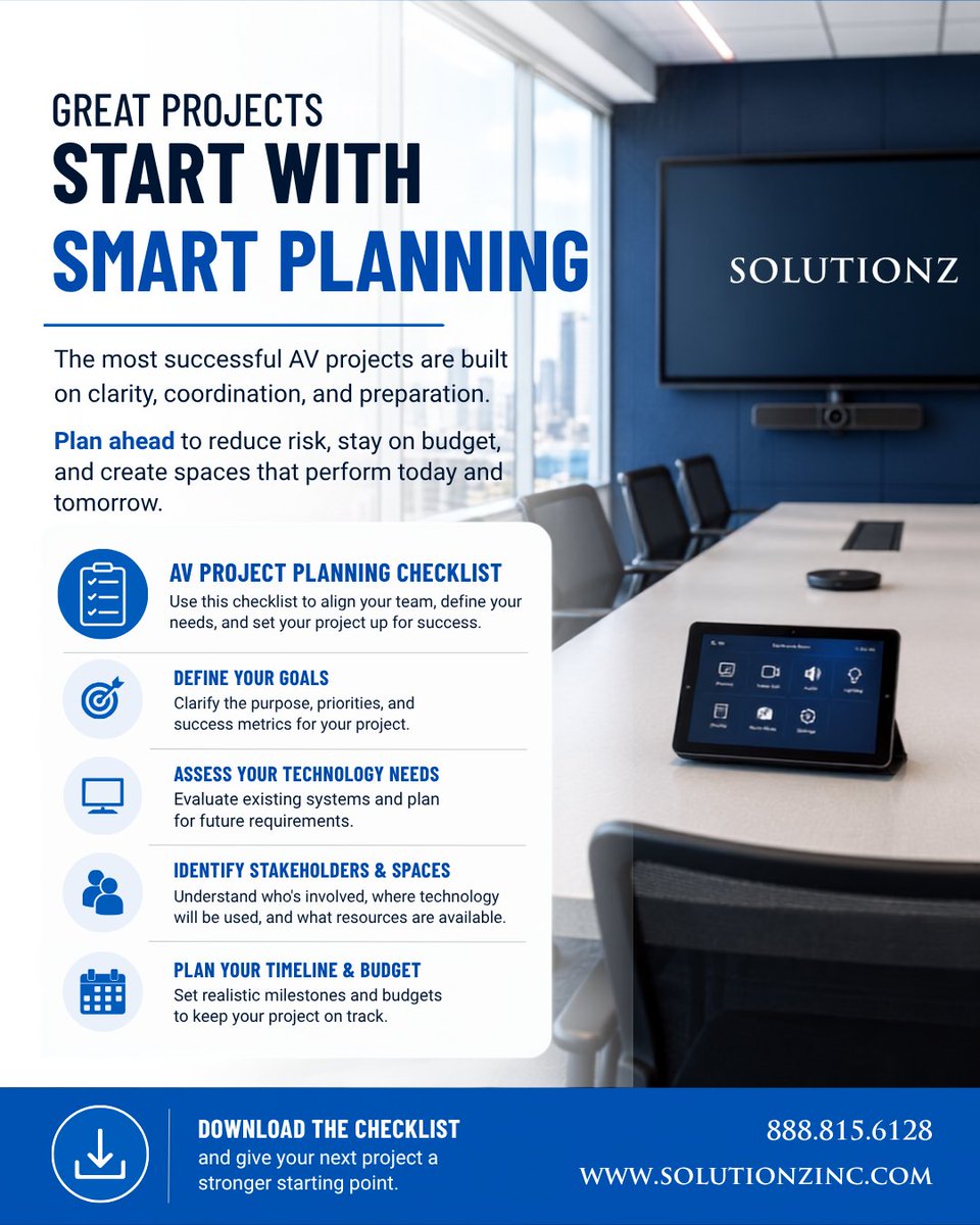 SolutionzInc's tweet photo. Better AV projects begin with better planning.
Download our free checklist to define goals, assess resources, and prepare your team before installation begins: https://t.co/SqZIuhBq2O
#ProjectPlanning #AVIntegration https://t.co/Bb0Zx9TAqn