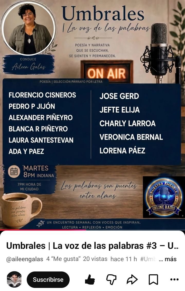 PABLOJIJON's tweet photo. Muy agradecido con @Aileen_Galas y su programa "Umbrales, la voz de las palabras", por la lectura de mi artículo #LaMesa.
Link a continuación:
https://t.co/4XNjABpllS
#PRELEMI @YouTube @news_nuestra #sergetti https://t.co/zwV0Z3tgW7