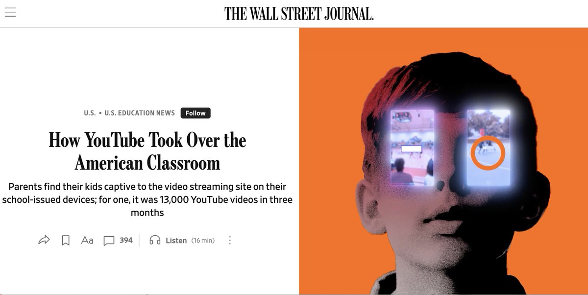 karenvaites's tweet photo. This piece on YouTube in schools may turn out to be the most influence on K-12 perspectives this year.

The stats in the piece come up all the time in conversation.

'Amy Warren’s "mom siren” went off when her seventh-grader in Wichita, Kan., seemed to know too much about Fortnite, a battling-and-shooting videogame he is barred from playing...

When Warren signed into his school Google account, she was aghast: Her son Ben had accessed more than 13,000 YouTube videos during school hours from December 2024 through February 2025, according to viewing data she provided the Journal.

His feed was rife with inappropriate content. Videos glorifying gun culture, asking about silencers on Nerf guns, “head shots” where children realistically portray being killed, a video with sexually explicit jokes about neighbors sleeping together.

YouTube during snack time, dismissal and indoor recess. YouTube to teach drawing to first-graders. YouTube to read a book to class. YouTube under the covers at night, watching hamster videos on school-issued Chromebooks. A survey touted by YouTube executives shows that 94% of teachers have used YouTube in their roles.

Granular data provided by parents highlight the scale: A second-grader in New York watched more than 700 videos in two months during school hours, including one featuring pole dancing. A tenth-grader in Oregon scrolled through more than 200 between 9 and 11:40 a.m. on March 6...

YouTube is a top-viewed website on school devices, sometimes accounting for half of student traffic, according to administrators and web-filtering companies...

When his middle-schooler began falling behind late last year, Massachusetts data scientist Jason Merkin sought her usage from her school district. They declined. He resorted to screenshotting her daily Chrome history and analyzing it with AI.

He discovered his daughter spent some 40% of her computer time on noneducational sites at school, including accessing more than 1,000 YouTube videos in about 50 days.

Watertown Public Schools said Merkin’s and others’ feedback—as well as a realization that YouTube’s filters “increasingly proved ineffective”—led to a districtwide block by January...

Stan Winborne, superintendent of Granville County Public Schools in North Carolina, blanched to find YouTube was a top-accessed site in an audit he commissioned. His district calculated that “distracted” screen time was costing students up to 31 instructional days per year.'