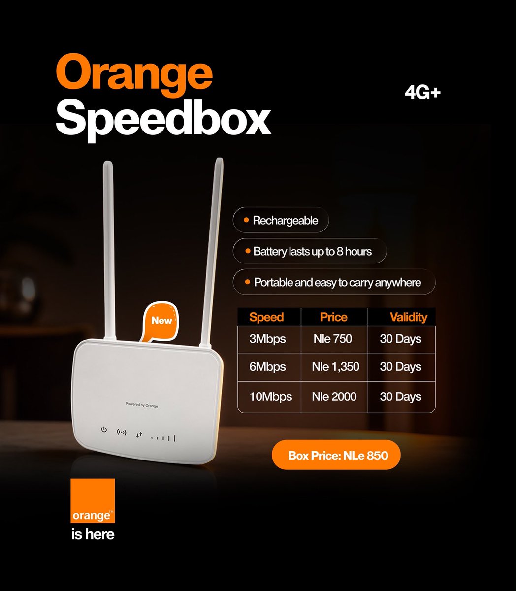 Orange_sierra's tweet photo. New Orange 4G+ Speedbox 🛜
Enjoy fast, reliable internet - anytime, anywhere.
Key features:
• Rechargeable
• Up to 8-hours Battery
• Portable
Perfect for home, office, or travel. Get yours at any Orange shop.
#orangesl #orangeishere #OrangeMoney #Maxit https://t.co/2ZSFgSgLOp
