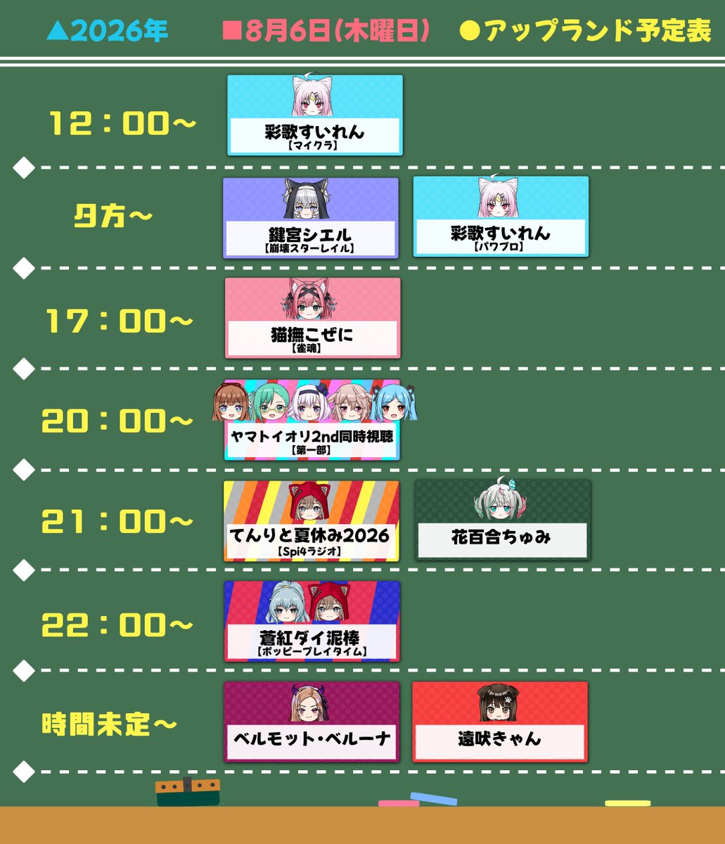 dorayoteihyou's tweet photo. 8/6(木)#アップランド予定表

12:00~:すいライブ🪷
夕方~:かぎみゃらいぶ🔔🐈‍⬛
夕方~:すいライブ🪷
17:00~:こぜにらいぶ👛
20:00~:ヤマトイオリ2nd同時視聴🍄🍒🍋🐜🐏
21:00~:てんりと夏休み2026⭕️
21:00~:ちゅみちゅーぶ💐
22:00~:蒼紅ダイ泥棒🌃⭕️
時間未定:ベルりーむ🍇
時間未定:きゃん生✂️ https://t.co/zYCsm121oB