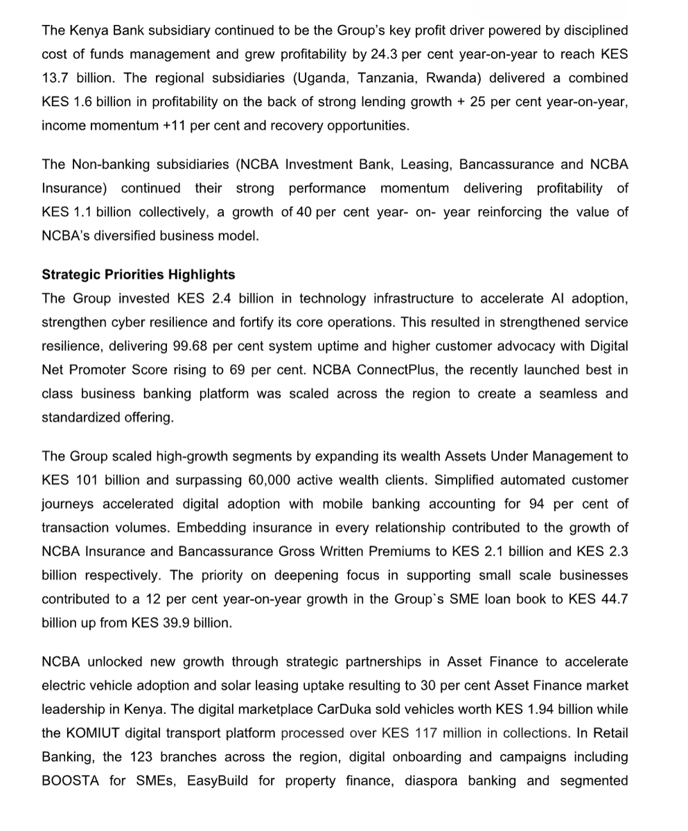 MwangoCapital's tweet photo. NCBA Group H1 2026 Results:

—Profit after tax rose 12.2% to KES 12.4B as operating income increased 15.1% to KES 40.7B, while operating expenses grew by a slower 5.1% to KES 19.5B.
—Credit-loss provisions jumped 62.5% to KES 5.2B, customer deposits rose 11.0% to KES 551B and total assets grew 11.5% to KES 739B.
—Digital loan disbursements increased 26.9% to KES 819B, while ROAE stood at 19.0%.
—The interim dividend was raised 50% to KES 3.75 per share from KES 2.50.
—CEO John Gachora attributed the performance to higher business volumes, improved margins and sustained customer activity under the UBUNTU strategy, despite inflationary pressure and cautious regional monetary policy.
—Nedbank’s tender offer was oversubscribed by 21%, with acceptances covering 121% of the shares sought for its proposed controlling 66% stake in NCBA.