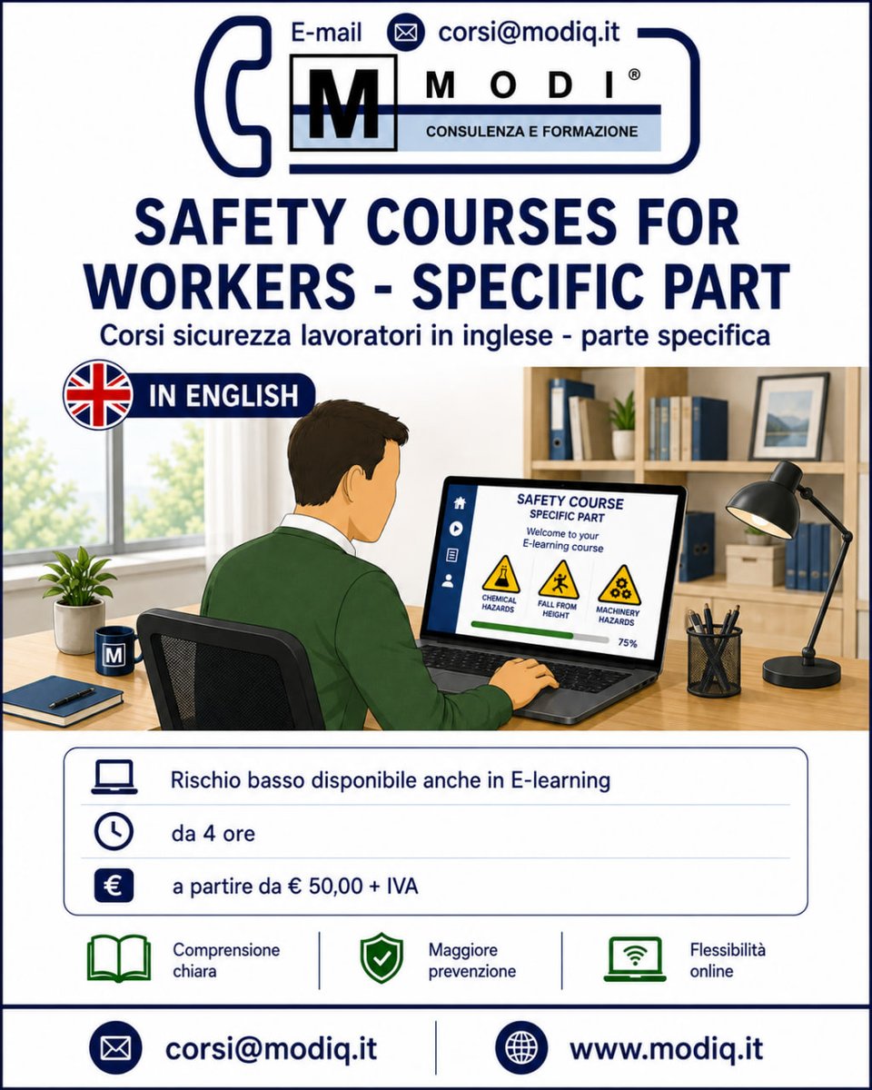 CorsiOnlineIta's tweet photo. Devi acquistare il corso rischio specifico basso per completare la formazione del tuo nuovo dipendente?

Preferisce la versioni in inglese? 

Anche in E-learning è possibile!
https://t.co/uGqI9UZax5
SAFETY COURSES FOR WORKERS -
SPECIFIC PART
🕒 da 4 ore
💶 da € 50,00+IVA https://t.co/zyGD39wp8t