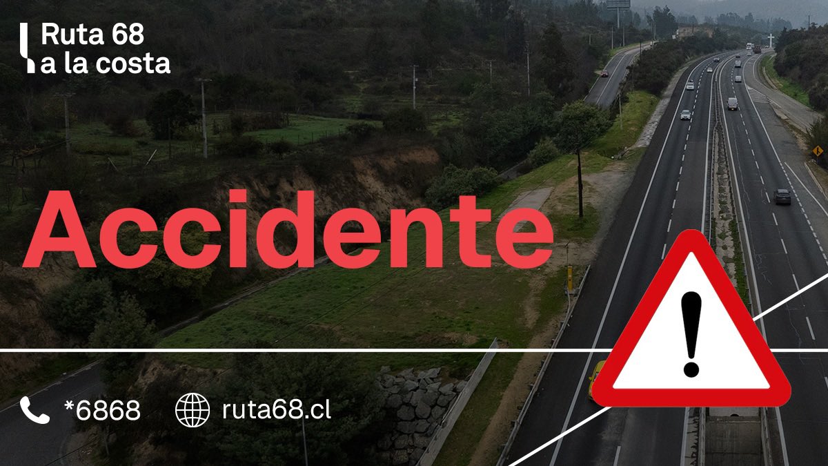 Ruta68cl's tweet photo. 🔴 [ALERTA] Accidente en el sector paso superior #TenienteCruz con dirección a #Santiago. Pista restringida. Información en desarrollo, se ampliarán más detalles una vez que personal llegue al lugar. Conduzca con precaución. @mop_chile @radiocarab @biobio @TTISantiago @TTIValparaiso