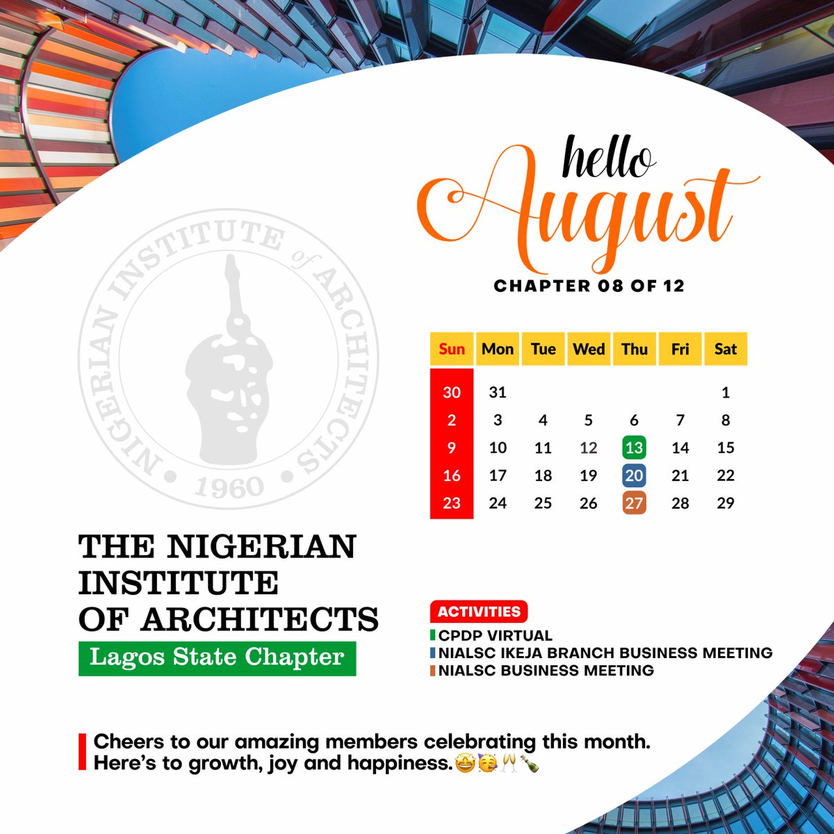 nialagos's tweet photo. Hello August! ποΈ
Chapter 08 of 12
NIA Lagos State Chapter this month:
π’ CPDP Virtual
π΅ Ikeja Branch Meeting
π NIALSC Business Meeting
Cheers to our August celebrants! π₯ Growth, joy & new designs ahead.
#NIALSC #NIA #NewMonth #Architects #Lagos #CPDP https://t.co/NcYDsXRf6e