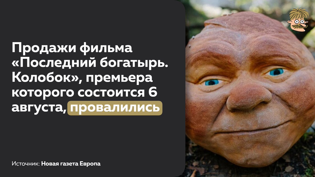 Sandy_mustache's tweet photo. Фильм «Последний богатырь. Колобок», который выходит в прокат 6 августа, провалился на старте предпродаж. 

▶️По опубликованным схемам московских кинотеатров, на первые сеансы продано лишь небольшое количество билетов.

▶️Одновременно пользователи обрушили рейтинг картины на «Киноафише» до 1,1 балла — ещё до первых публичных показов. Многие прямо пишут, что таким образом протестуют против переноса премьеры нового «Человека-паука», которую кинотеатрам ранее настоятельно рекомендовали сдвинуть ради российского релиза.

▶️По данным СМИ, на предпродажах «Колобок» собрал около 3,6 млн рублей, хотя только Фонд кино выделил на проект 250 млн рублей господдержки.

▶️Тем временем «Человек-паук: Новый день» за первый уикенд заработал около 932 млн долларов по всему миру, показав один из лучших стартов в истории мирового кинопроката.