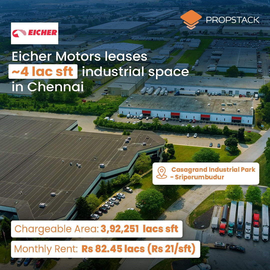 PropstackIndia's tweet photo. 🚀 𝗘𝗶𝗰𝗵𝗲𝗿 𝗠𝗼𝘁𝗼𝗿𝘀 𝗟𝗼𝗰���𝘀 𝗜𝗻 ~𝟰 𝗟𝗮𝗸𝗵 𝗦𝗾. 𝗙𝘁. 𝗮𝘁 𝗖𝗮𝘀𝗮𝗴𝗿𝗮𝗻𝗱 𝗜𝗻𝗱𝘂𝘀𝘁𝗿𝗶𝗮𝗹 𝗣𝗮𝗿𝗸!

Eicher Motors Limited (🛵Royal Enfield) has secured ~400,000 sft of industrial space at Casagrand Industrial Park in Sriperumbudur, Santhavelur, Tamil Nadu.

𝗞𝗲𝘆 𝗗𝗲𝗮𝗹 𝗧𝗲𝗿𝗺𝘀:
🔹 Tenant: Eicher Motors Limited
🔹 Landlord: Casagrand Blue Horizon Private Limited
🔹 Location: Sriperumbudur, Santhavelur, Tamil Nadu
🔹 Chargeable Area: 392,251 sq. ft.
🔹Starting Base Rent: ₹82.45 Lakhs / month (₹21.02 / sq. ft.)
🔹 Estimated Total Outlay: ~₹74.7 Crores over 7 years
🔹 Tenure: 7 Years
🔹 Security Deposit: ₹5.24 Cr
🔹 Structure: Fresh Lease with Rent Commencement in May 2027

𝗠𝗮𝗿𝗸𝗲𝘁 𝗖𝗼𝗺𝗺𝗲𝗻𝘁𝗮𝗿𝘆:
"Eicher Motors' commitment to a long-term 7-year lease at Casagrand Industrial Park underscores robust demand for Grade-A industrial assets, driven by India’s automotive and manufacturing expansion," noted Raja Seetharaman, Co-Founder of Propstack. "Prime logistics and industrial hubs like Sriperumbudur continue to command high tenant retention and consistent capital allocation."

𝗦𝘁𝗿𝗮𝘁𝗲𝗴𝗶𝗰 𝗗𝗲𝗮𝗹 𝗛𝗶𝗴𝗵𝗹𝗶𝗴𝗵𝘁𝘀:
▪️ 𝗜𝗻𝘀𝘁𝗶𝘁𝘂𝘁𝗶𝗼𝗻𝗮𝗹 𝗕𝗮𝗰𝗸𝗶𝗻𝗴: Casagrand’s Sriperumbudur industrial platform is backed by global private equity major Blackstone, which committed ₹700 Cr to develop institutional-grade, Grade-A logistics and industrial assets in the region.
▪️ 𝗠𝗮𝗻𝘂𝗳𝗮𝗰𝘁𝘂𝗿𝗶𝗻𝗴 𝗦𝘆𝗻𝗲𝗿𝗴𝘆: Eicher Motors (Royal Enfield) continues to solidify its core production and supply chain footprint near its major manufacturing ecosystem in Tamil Nadu.
▪️ 𝗚𝗿𝗮𝗱𝗲-𝗔 𝗜𝗻��𝗿𝗮𝘀𝘁𝗿𝘂𝗰𝘁𝘂𝗿𝗲: The park delivers high-spec, large-format industrial infrastructure designed for high floor-load capacities, seamless dock operations, and modern operational efficiency.
▪️ 𝗛𝘂𝗯 𝗔𝗱𝘃𝗮𝗻𝘁𝗮𝗴𝗲: Sriperumbudur remains one of South India's prime automotive corridors, continuing to attract long-term institutional commitments from global industrial leaders.

Media coverage:
HT: https://t.co/hGINK4s6aG