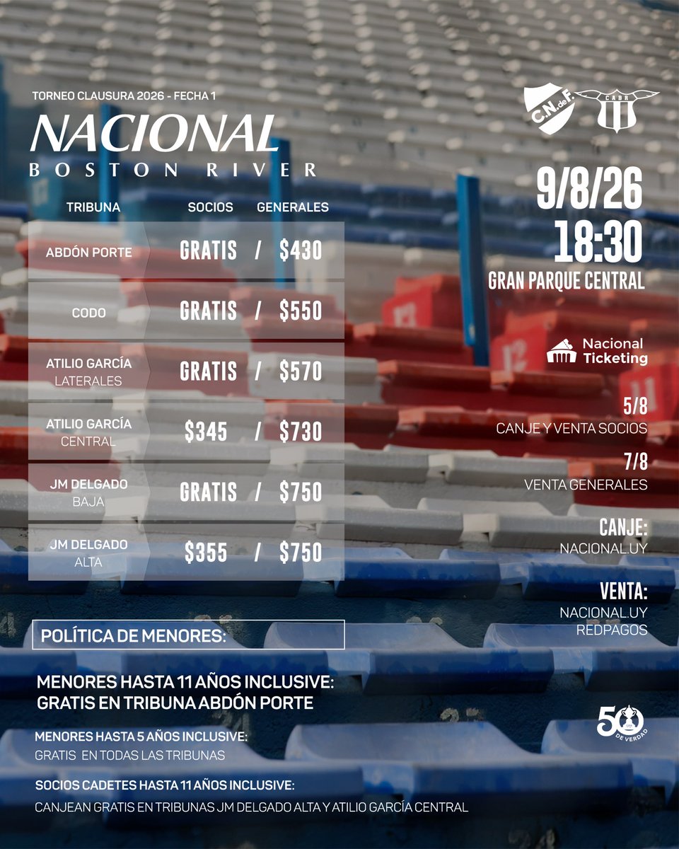 Nacional's tweet photo. 🎟️ 𝗘𝗡𝗧𝗥𝗔𝗗𝗔𝗦 🆚 𝗕𝗢𝗦𝗧𝗢𝗡 𝗥𝗜𝗩𝗘𝗥

🏆 @LigaAUF 
⚽️ Torneo Clausura | Fecha 1

✅ Ya se encuentran habilitadas las entradas para socios para el partido del domingo 9/8 en el Gran Parque Central 🏟️

📲 Conseguí la tuya en https://t.co/tw4L4S1GMu https://t.co/fdN3SSVRLB
