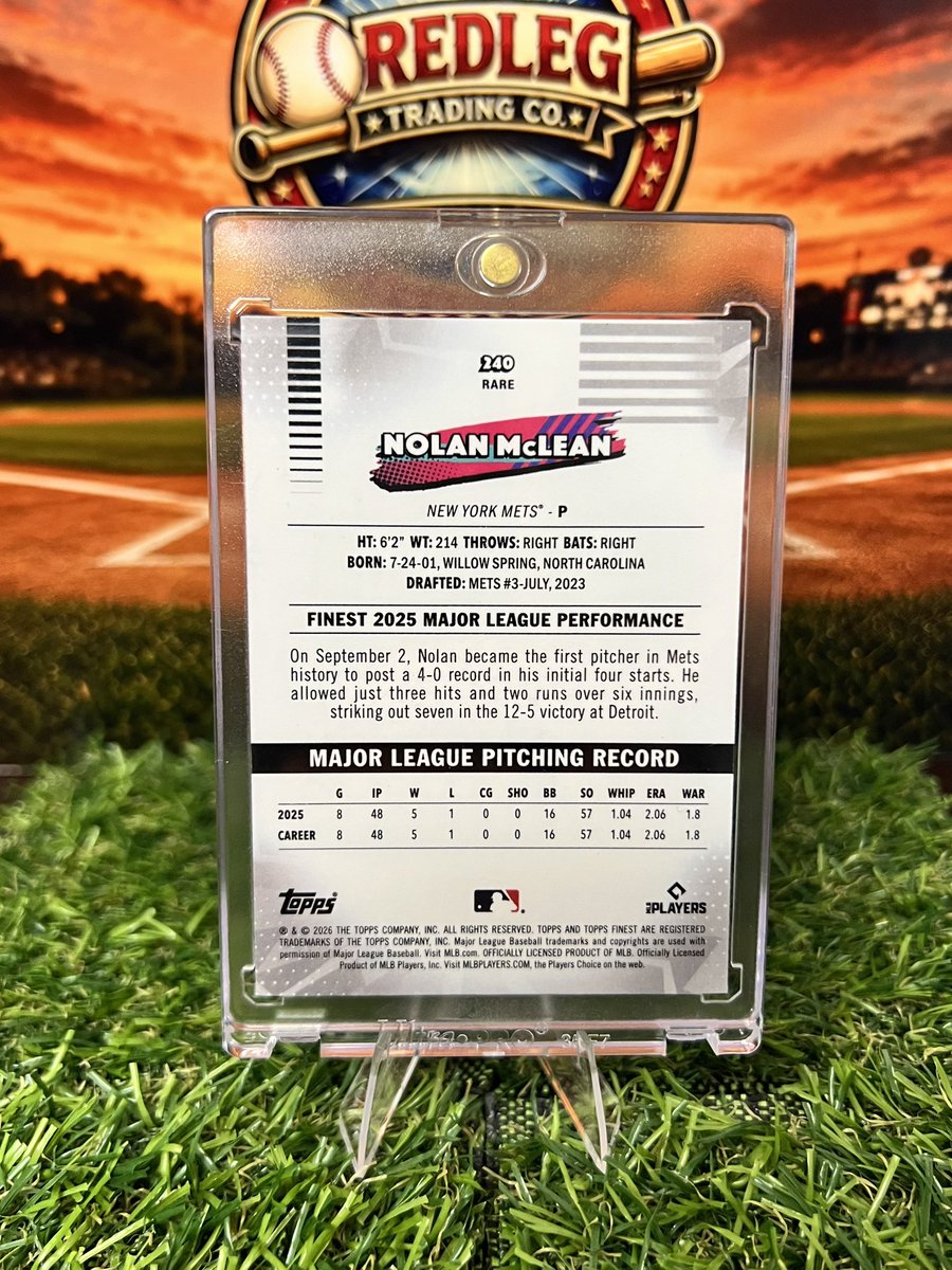 Redsfantan's tweet photo. 🔥 FS/NFT 🔥
2026 Topps Finest Nolan McLean RC Rare Purple Mini Diamonds /75 💎
Pack fresh. Clean copy.
💲30 shipped BMWT
PayPal F&F, Venmo, or Cash App.
First claim or DM takes it. Thanks! ⚾️
#ToppsFinest #BaseballCards #Mets #TheHobby https://t.co/cC9Qj0cocC