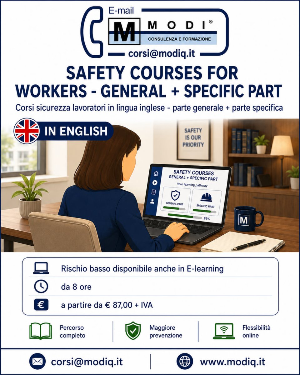 CorsiOnlineIta's tweet photo. Ti servono dei corsi sicurezza lavoratori in lingua inglese? 

Modulo generale e specifica
Rischio basso?

Li vuoi in E-learning?

Trovi in offerta per tutta l'estate il nuovo corso SAFETY COURSES FOR WORKERS - GENERAL + SPECIFIC PART da 8h a € 87,00+IVA
https://t.co/uGqI9UZax5 https://t.co/dxj6ftzod0