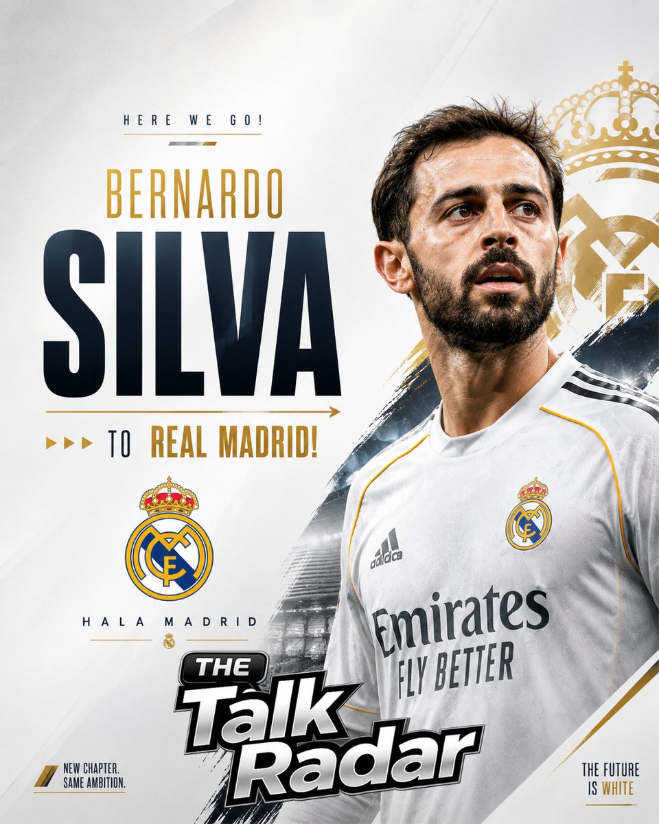 thetalk_radar's tweet photo. 🚨⚪ BERNARDO SILVA → REAL MADRID!

The Portuguese star is now wearing the famous white shirt as Real Madrid continue building a frightening squad. 👑🔥

Madridistas, how big is this signing? 👀

#RealMadrid #BernardoSilva #HalaMadrid #Madrid #LaLiga #TransferNews #FootballTrans https://t.co/z4l4AM3ZX1