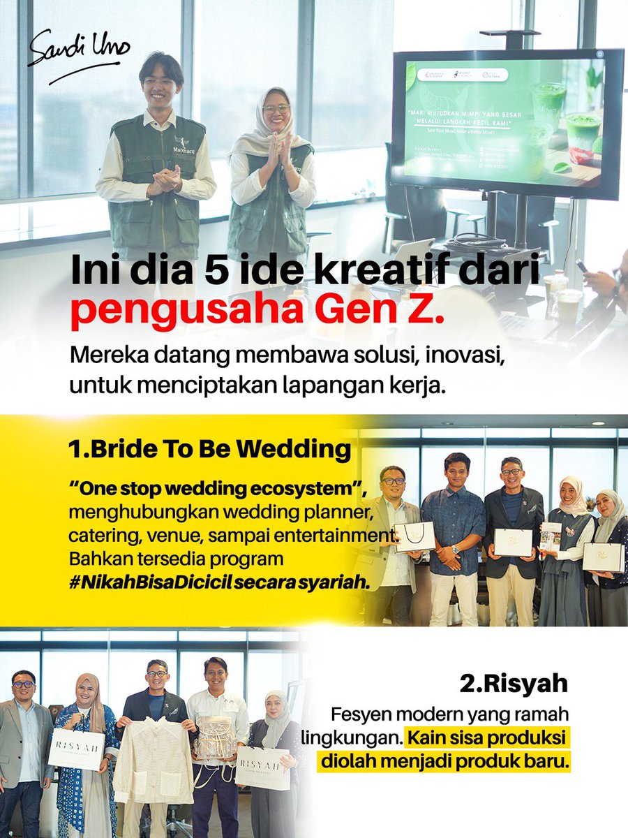 sandiuno's tweet photo. Saya salut dengan keberanian para pengusaha Gen Z yang siap menciptakan lapangan kerja, menyelesaikan masalah, dan membangun masa depan lewat inovasi.

Bersama Yayasan Indonesia Setara dan Sandination, saya mendampingi para pengusaha muda yang datang membawa solusi. Mulai dari wedding planner Bride To Be, fashion ramah lingkungan dari Risyah, kuliner autentik dari Suwirin, matcha berkualitas hasil riset anak bangsa dari Matchacy, hingga platform pembelajaran bahasa dan literasi digital dari Tilbu Indonesia.

Kalau kamu anak muda yang punya ide bisnis atau ingin usahamu berkembang, ayo gabung di Sandination Academy dan siapkan dirimu menjadi The Next Future Leader!