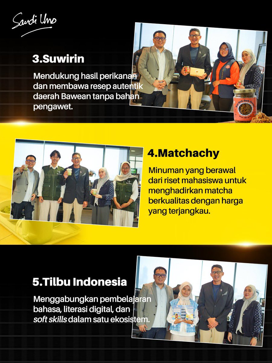 sandiuno's tweet photo. Saya salut dengan keberanian para pengusaha Gen Z yang siap menciptakan lapangan kerja, menyelesaikan masalah, dan membangun masa depan lewat inovasi.

Bersama Yayasan Indonesia Setara dan Sandination, saya mendampingi para pengusaha muda yang datang membawa solusi. Mulai dari wedding planner Bride To Be, fashion ramah lingkungan dari Risyah, kuliner autentik dari Suwirin, matcha berkualitas hasil riset anak bangsa dari Matchacy, hingga platform pembelajaran bahasa dan literasi digital dari Tilbu Indonesia.

Kalau kamu anak muda yang punya ide bisnis atau ingin usahamu berkembang, ayo gabung di Sandination Academy dan siapkan dirimu menjadi The Next Future Leader!