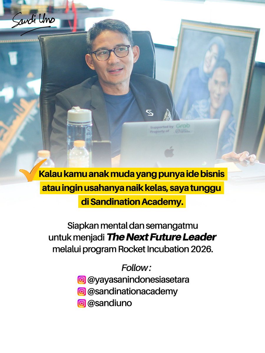 sandiuno's tweet photo. Saya salut dengan keberanian para pengusaha Gen Z yang siap menciptakan lapangan kerja, menyelesaikan masalah, dan membangun masa depan lewat inovasi.

Bersama Yayasan Indonesia Setara dan Sandination, saya mendampingi para pengusaha muda yang datang membawa solusi. Mulai dari wedding planner Bride To Be, fashion ramah lingkungan dari Risyah, kuliner autentik dari Suwirin, matcha berkualitas hasil riset anak bangsa dari Matchacy, hingga platform pembelajaran bahasa dan literasi digital dari Tilbu Indonesia.

Kalau kamu anak muda yang punya ide bisnis atau ingin usahamu berkembang, ayo gabung di Sandination Academy dan siapkan dirimu menjadi The Next Future Leader!