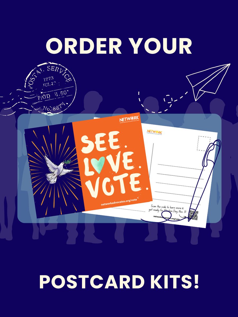 NETWORKLobby's tweet photo. Postcard kits are here! 📬

Send See. Love. Vote. Postcards to fellow voters or new voters, inviting them to register to vote and get to the polls! This is a fun and community-centered activity, and a great way to get involved. 

Order a postcard kit today for you, your family, your congregation, your friends, or your school or community group!  📦

🔗Click the link in our bio to order your kit!