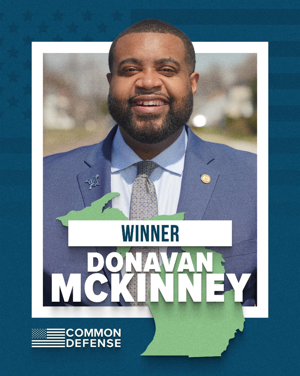 commondefense's tweet photo. State Rep. Donavan McKinney just beat a well-funded incumbent in Michigan's 13th District.
Organized people beat organized money.
#MI13 https://t.co/9Gt9jgGPnX