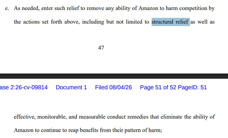 BalanceCrafting's tweet photo. And flip to the back of the complaint!

First fight will be over a preliminary injunction to stop Amazon "from terminating, or threatening to terminate, additional DSPs to prevent unionization in New Jersey" 

But ultimately, "structural relief" is on the table here. https://t.co/38OC7lESM5