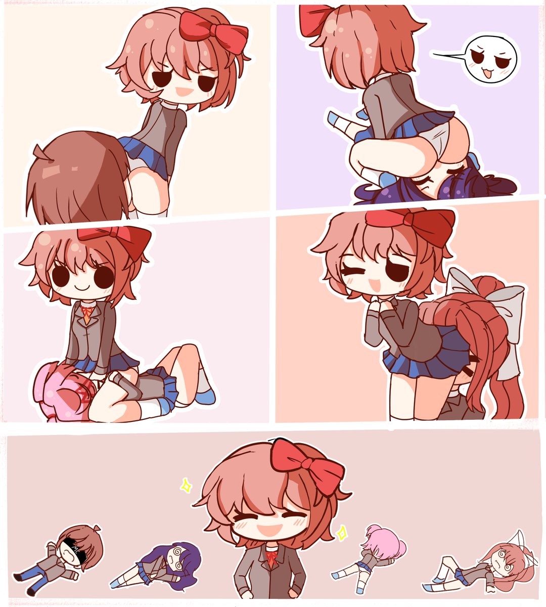 Feny2ti's tweet photo. I recall there were some DDLC comics that were very mean towards Sayori, I think theyre called Anti-Sayori? 

So I got an anonymous fartist to draw Sayori fart torturing everyone else from the DDLC cast in that exact artstyle from the comics!

#fartfetish #fartart #fart #girlfart https://t.co/rpMpZEspOI
