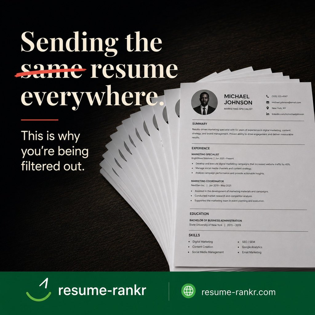 RRankr81793's tweet photo. One resume for every job? That’s costing you interviews.
Tailor your resume for each role. A few small changes can make a big difference with ATS.
Free ATS score → Link in bio.
#JobSearch #ATSTips #ResumeTips #GetHired #CareerAdvice https://t.co/qONsoR1JLY