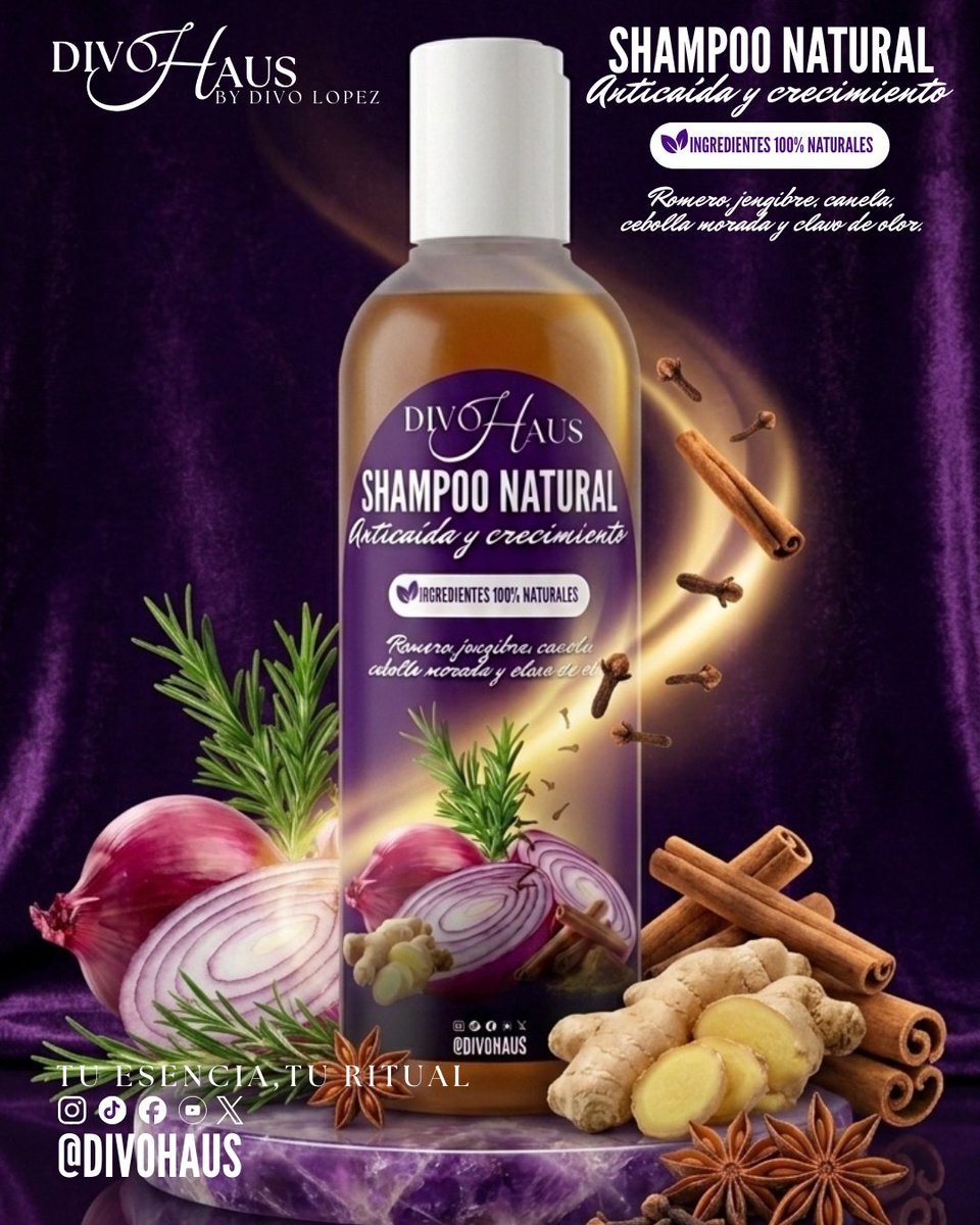 DivoHaus's tweet photo. ¡Champú Anticaída y Crecimiento 100% Natural!

​A base de #CebollaMorada, #Romero, #Jengibre, clavo de olor y canela, potente combinación que combate la caspa, fortalece la raíz y estimula el crecimiento de un cabello sano.

#DivoHaus tu esencia, tu ritual. https://t.co/LQMLmgr23a