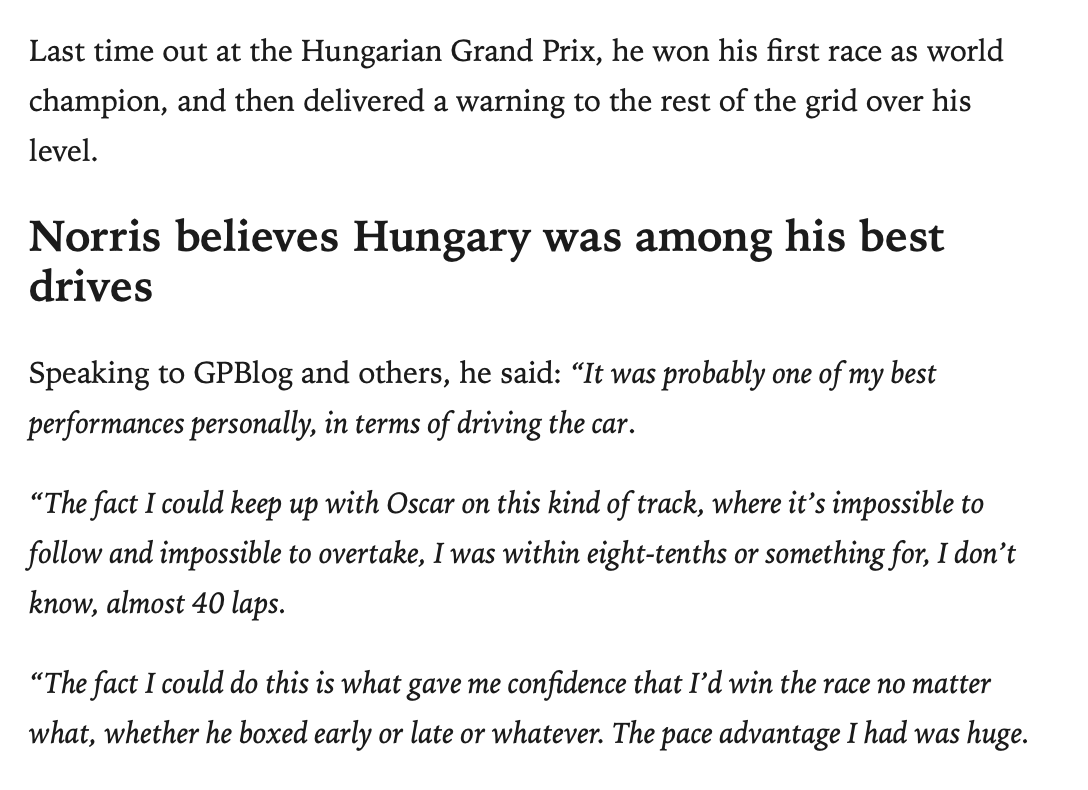 4tesbyr's tweet photo. “the fact i could do this [stay so close to oscar for almost 40 laps] is what gave me confidence that i'd win the race no matter what, whether he boxed early or late or whatever. the pace advantage i had was huge." https://t.co/1yOfLxbRrc